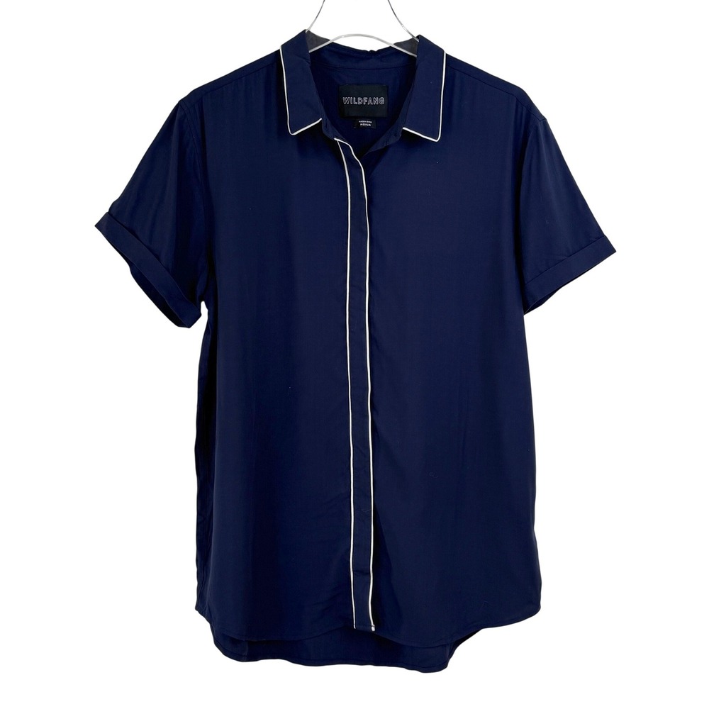 Wildfang Navy Blue Short Sleeve Button-Down Shirt with White Piping